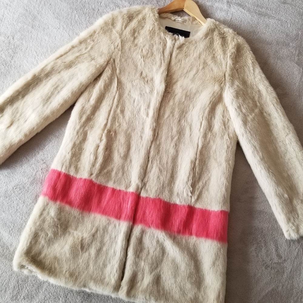 Unreal Fur Cream Faux Fur Coat with Pink Stripe